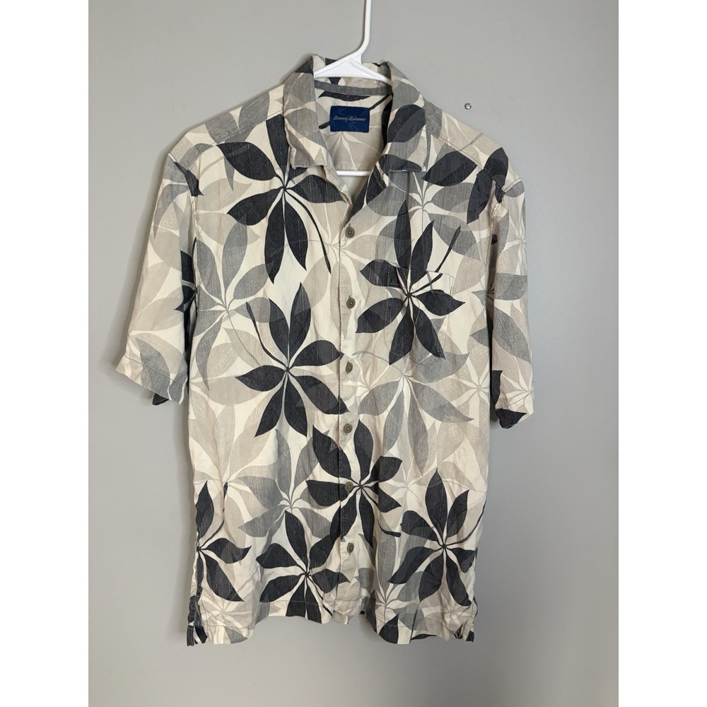 Tommy Bahama Mens Beige Floral All Over Print Silk Hawaiian Camp Shirt Size M